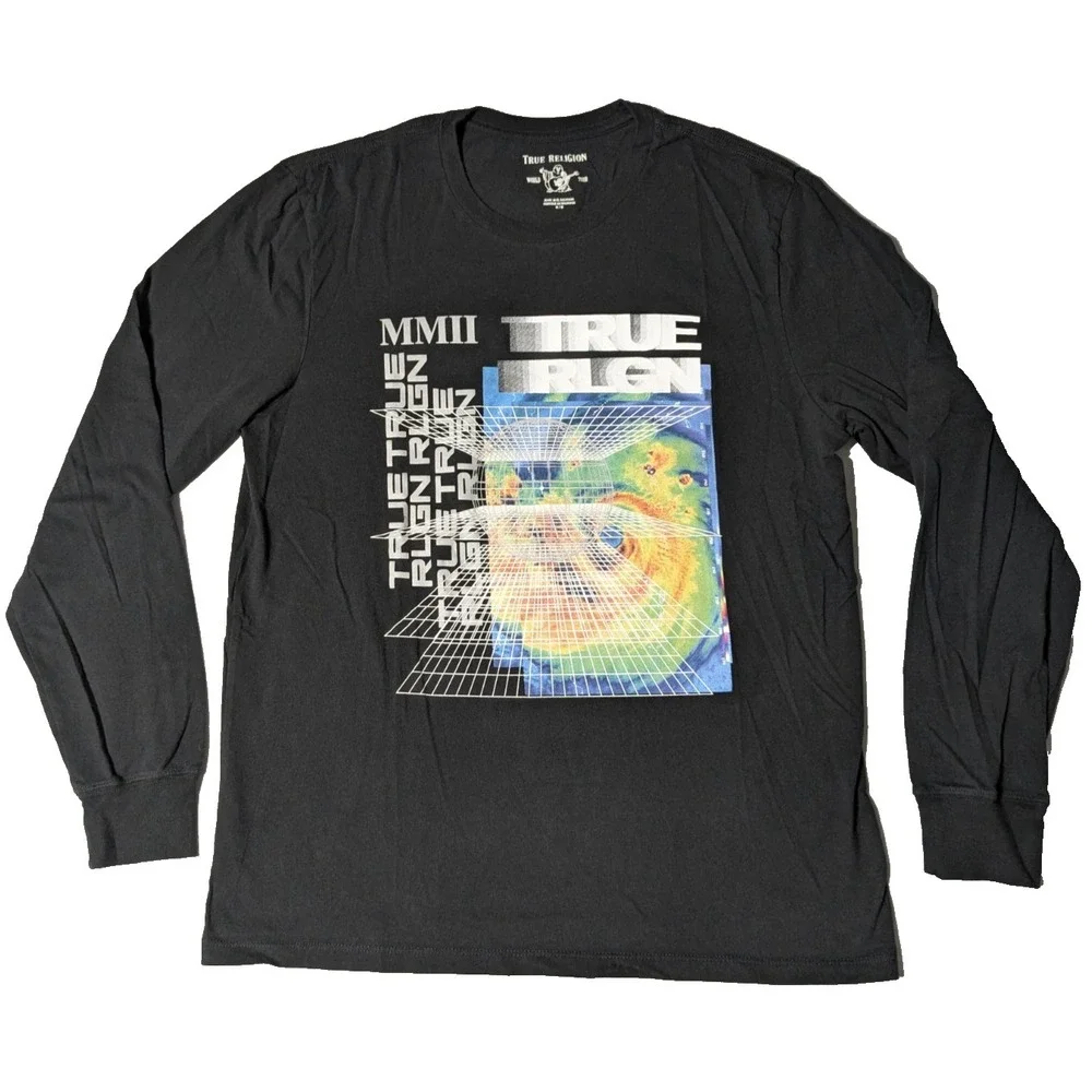 TRUE RELIGION Hurricane Long Sleeve Black Graphic T-Shirt - Men Medium EUC‎